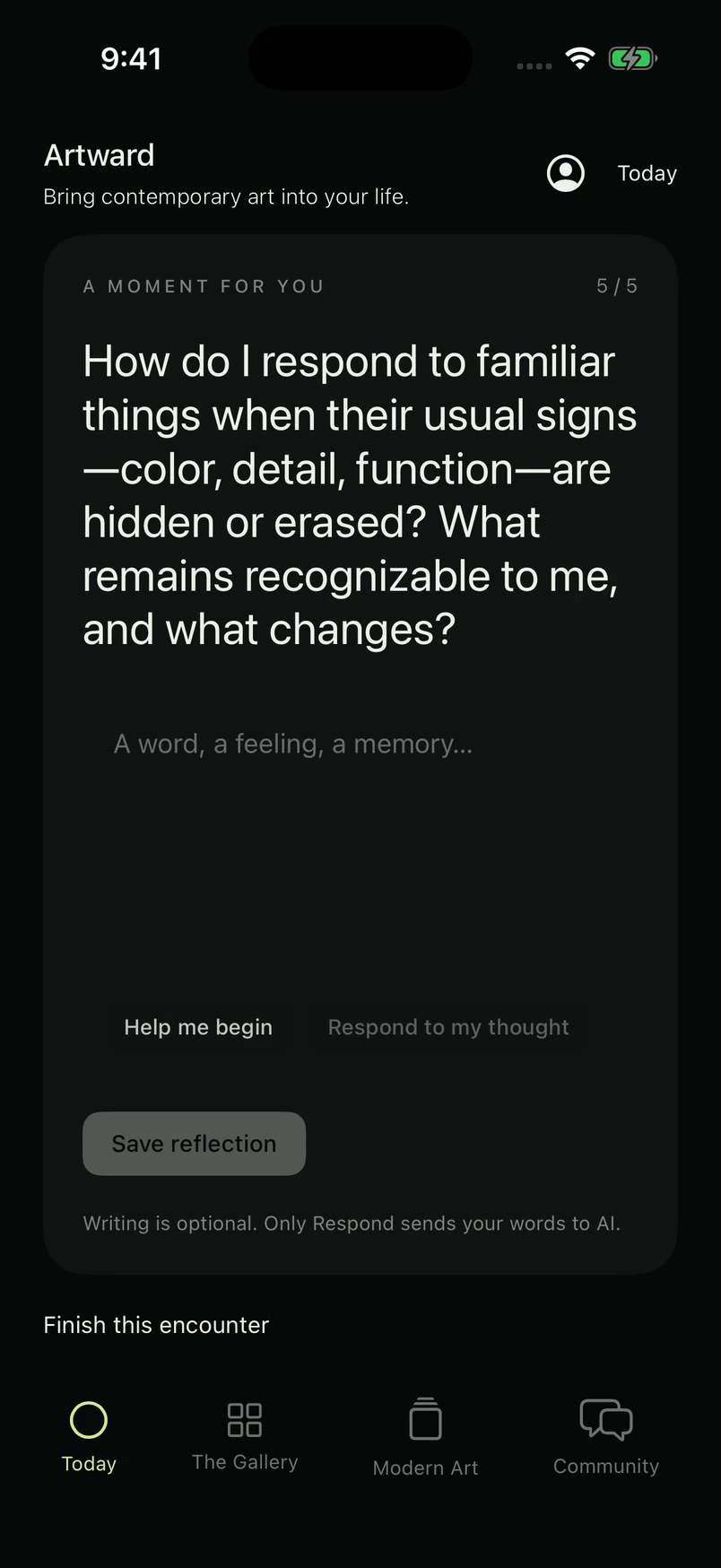 An artwork-specific reflection for Black Chord, with optional AI help and Save Reflection