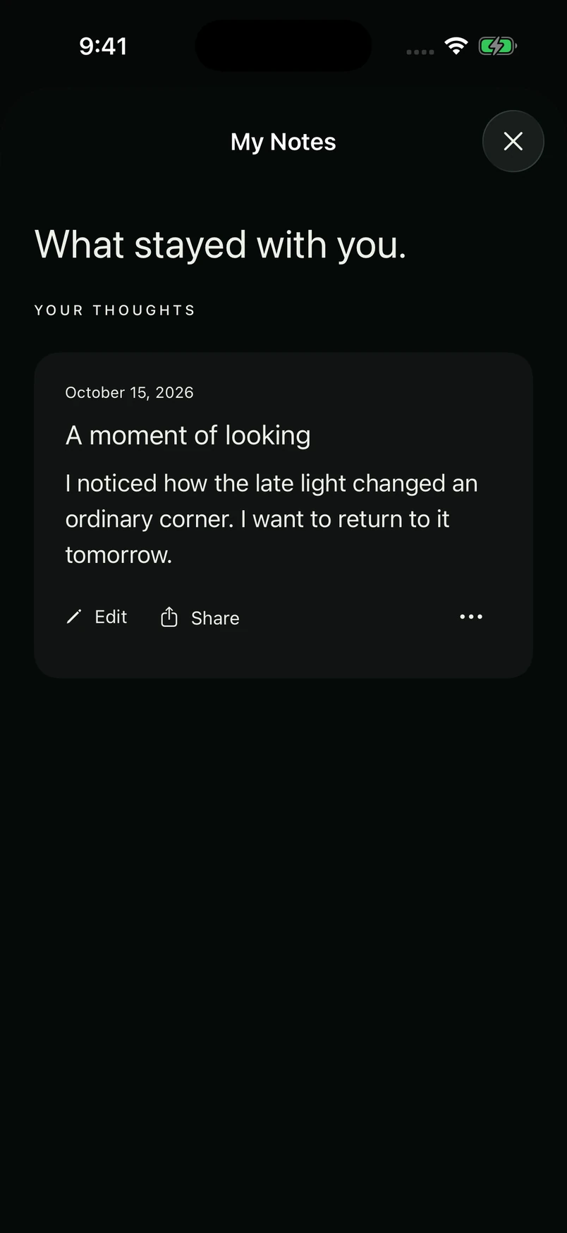 Private My Notes screen with an illustrative local sample reflection
